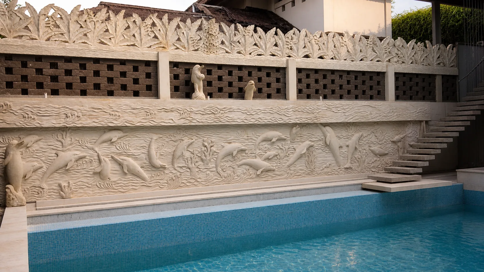 Poolside stone relief depicting dolphins, fish, and waves