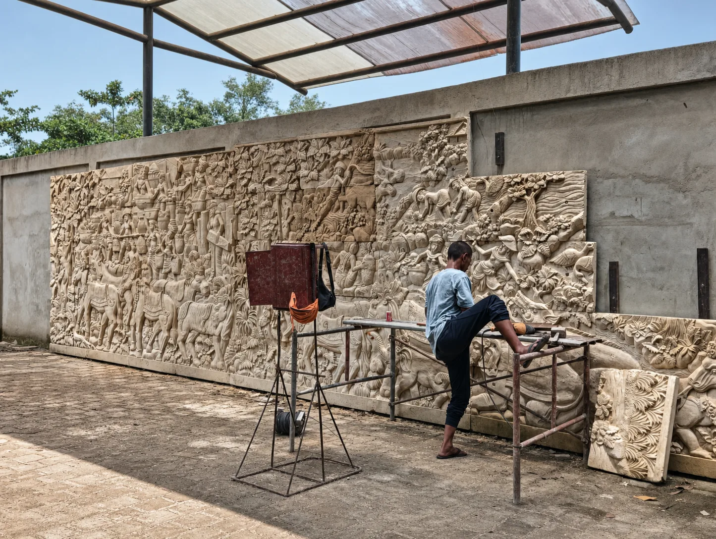 A Lava Deva artisan working across a large narrative stone relief