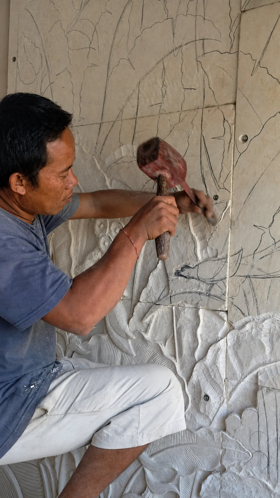 Artisan using a wooden mallet and chisel on a pale stone relief