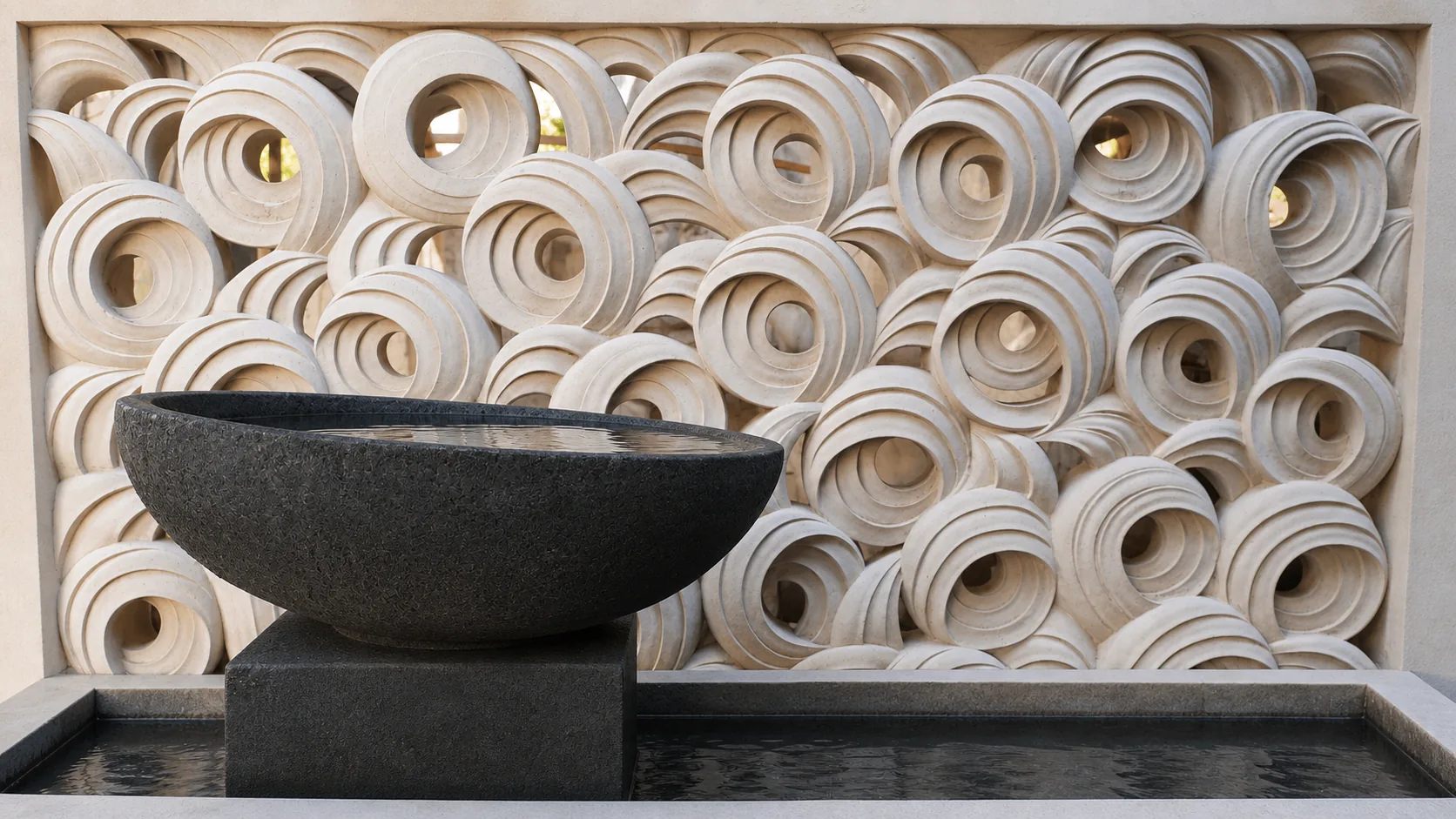 Dark stone water bowl in front of a circular carved stone screen