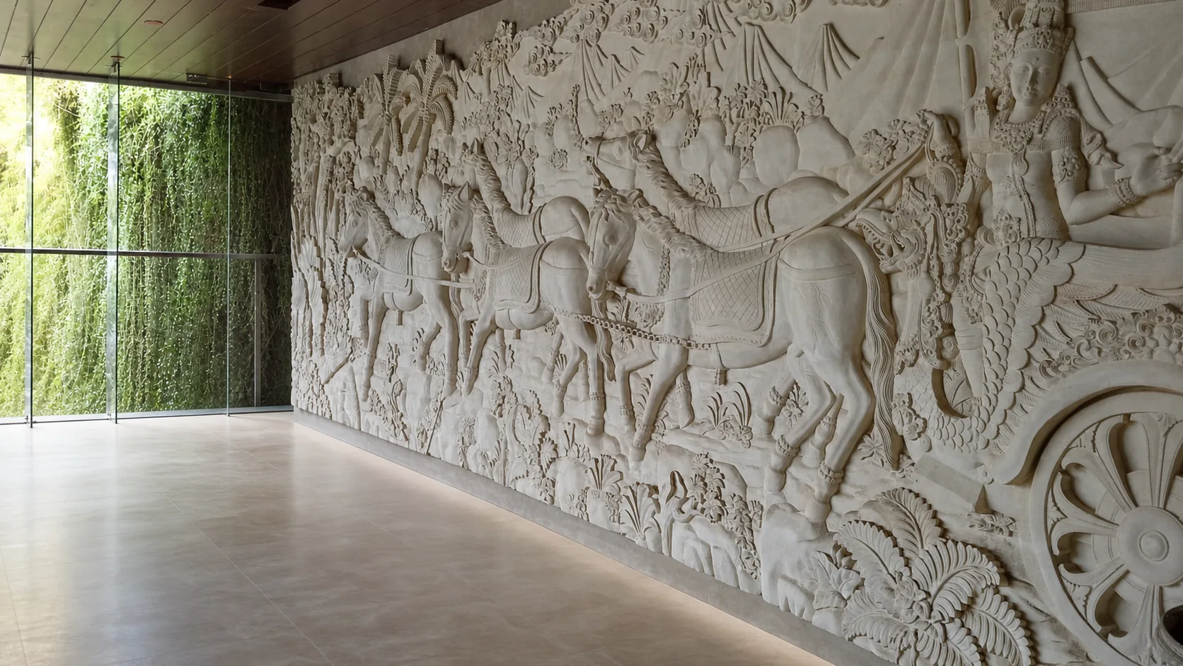 Monumental carved stone relief depicting horses and a ceremonial chariot in a contemporary interior