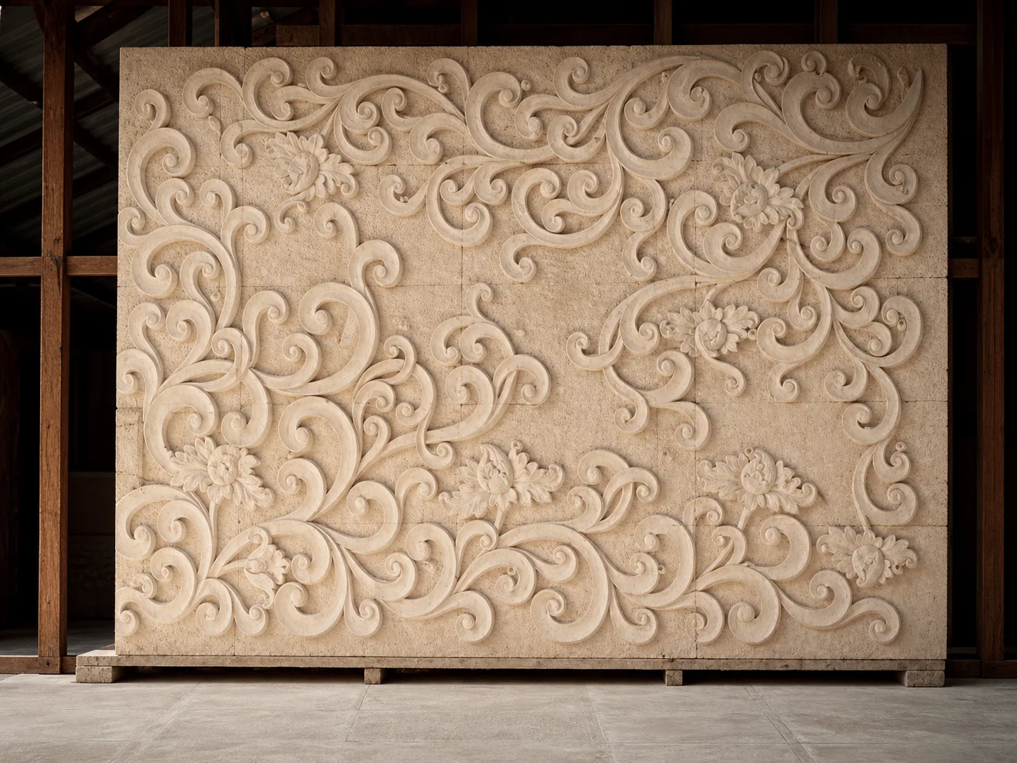 Standalone stone panel with asymmetrical floral scroll carving
