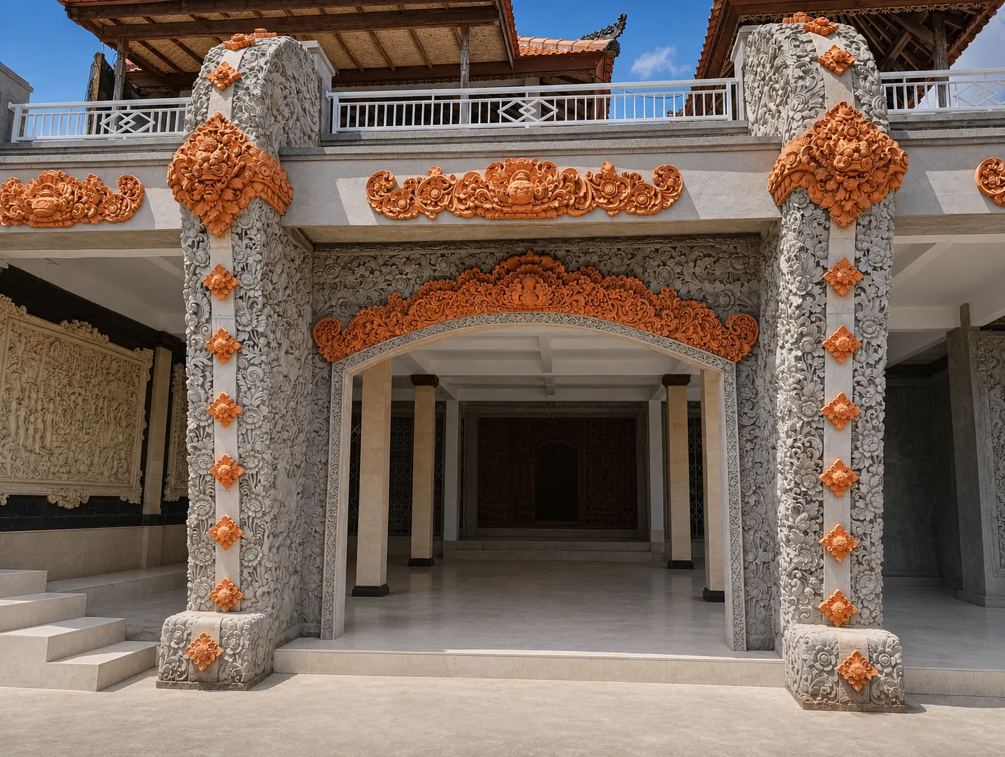 Ornate carved entrance with gray stone and terracotta accents