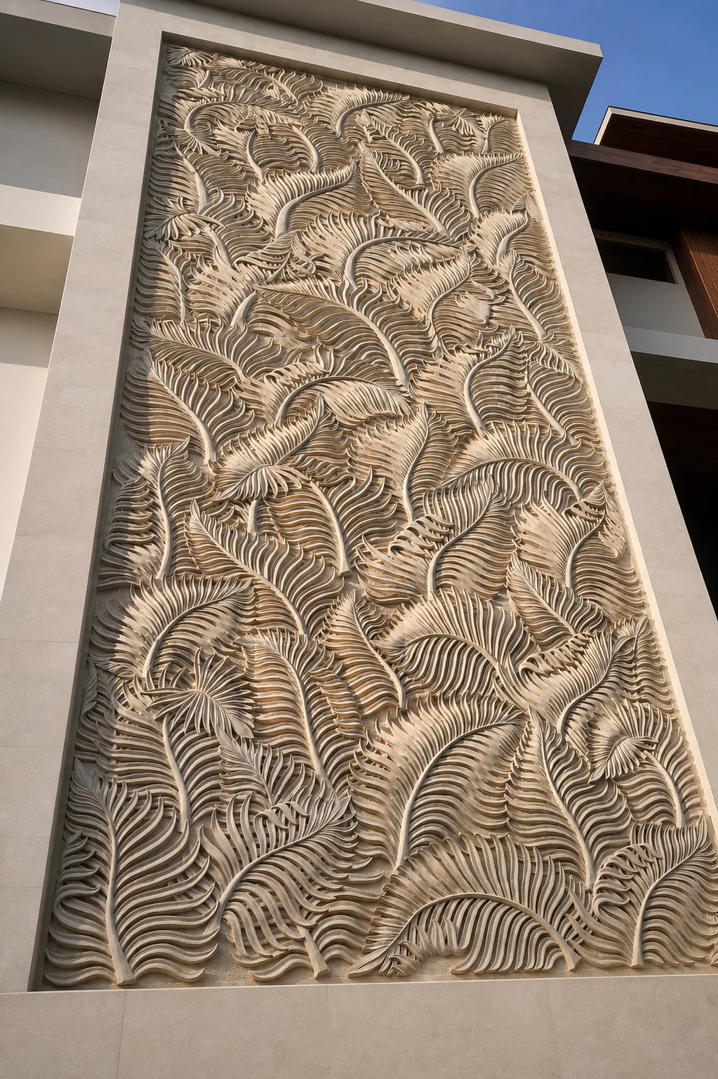 Monumental botanical stone relief integrated into a modern facade